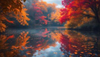 Autumn Forest Reflecting in Lake at Daytime photo