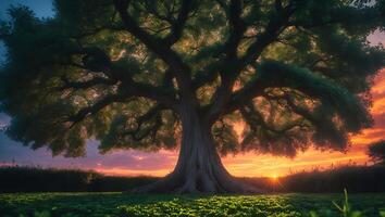Large Tree in Meadow at Sunset photo