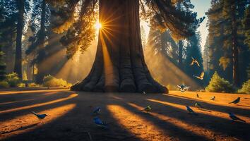 Majestic Tree Birds Sunlight in Forest Landscape photo