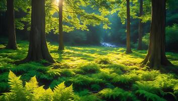 Sunlit Forest with Green Ferns and Tall Trees photo