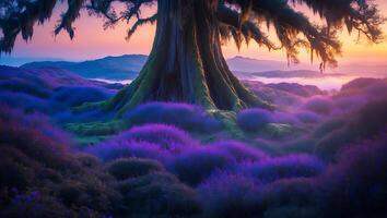 Large Tree on Purple Flower Hill at Sunset photo