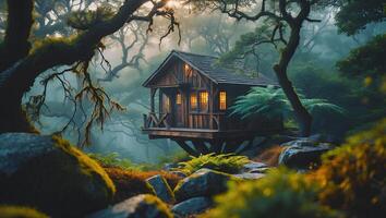 Treehouse in Misty Forest with Warm Glowing Windows photo