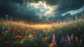 Colorful Wildflower Field Under Dramatic Cloudy Sky photo
