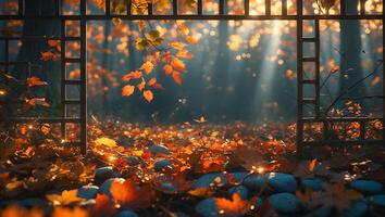 Autumn Leaves in Forest with Gate and Sunlight photo