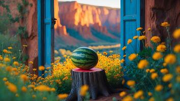 Watermelon with Mountain View Through Open Blue Door photo