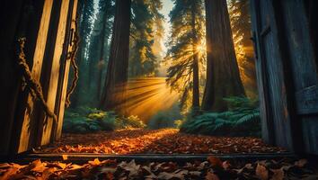 Forest Sunlight Through Door in Autumn photo