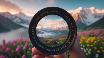Mountain View Through Camera Lens in Flower Field photo