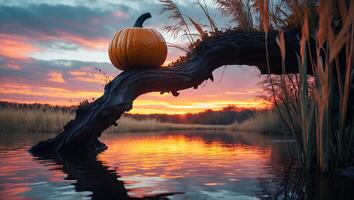 Pumpkin on Tree Branch Over Water at Sunset photo
