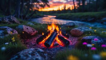 Campfire in Nature Near River with Sunset Sky photo