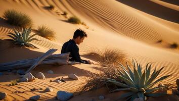 Man in Desert Touching Sand Dune Landscape photo