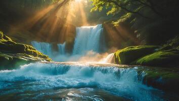 Scenic Waterfall Cascading in Lush Green Forest photo