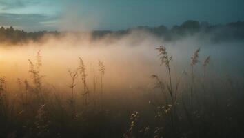 Foggy Field with Grass and Trees in the Background photo