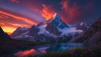 Mountain Peak Reflecting in Lake at Sunset photo