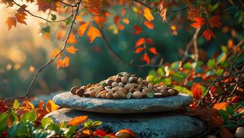 Pile of Nuts on Rocks Surrounded by Autumn Leaves photo
