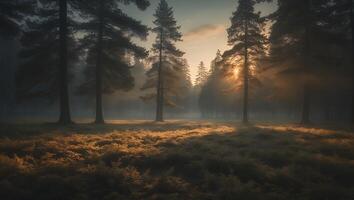 Forest Landscape with Sunrise and Morning Mist photo