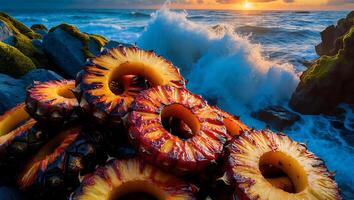 Grilled Pineapple Rings on Beach at Sunset photo