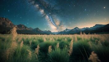Mountains and Stars in Field Landscape photo