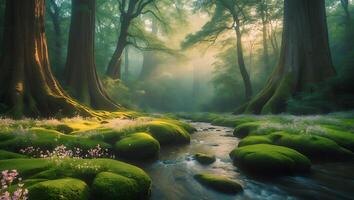 Lush Mossy Forest with Stream and Sunlight photo