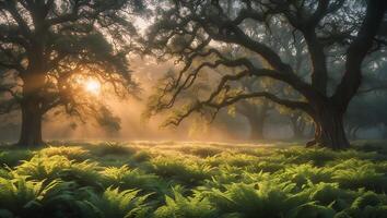 Forest with Ferns and Sunbeams photo