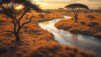 Savanna Landscape with River and Animals at Sunset photo