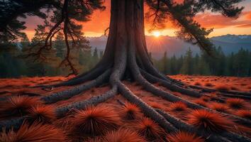 Giant Tree with Exposed Roots at Sunset photo
