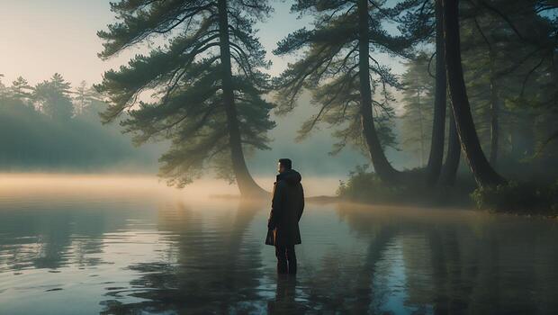 Man in Coat Stands in Lake Surrounded by Trees in Fog photo