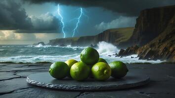 Limes on Slate Plate with Ocean and Cliffs Backdrop photo