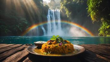 Indian Food with Waterfall and Rainbow Background photo