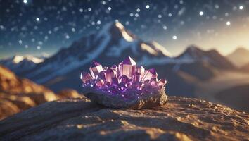 Purple Crystal on Rock with Mountain Background photo