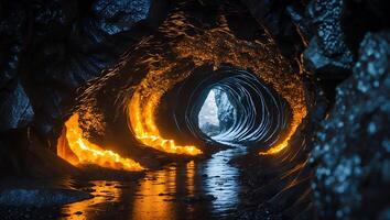 Cave with Flowing Lava Stream Inside Dark Rock Tunnel photo