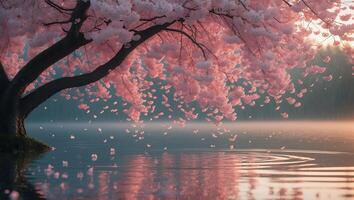 Cherry Blossom Tree Over Still Water with Falling Petals photo