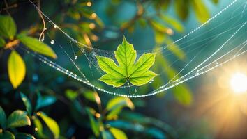 Leaf on Web with Dew Drops and Sunlight photo