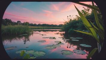 Lily Pads on Pond at Sunset photo