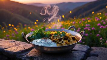 Hot Biryani with Yogurt and Herbs in Outdoor Setting photo