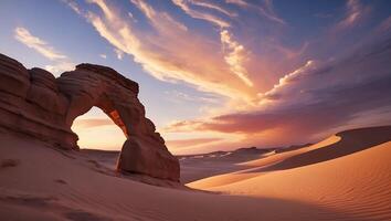 Sandstone Arch in Desert Landscape with Sunset Clouds photo