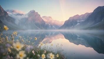 Mountain Lake Reflection with Wildflowers in Peaceful Landscape photo