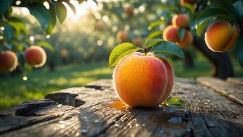 Ripe Peach on Wood Table in Orchard at Sunset photo