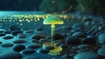 Glowing Mushroom in Water with Stones and Light Strands photo