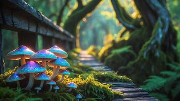 Glowing Mushrooms Along Forest Path photo