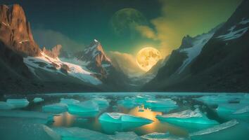 Snowy Mountain and Icy Lake Under Full Moon Night photo