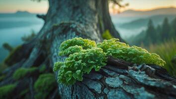 Lichen Growing on Log with Forest and Mountains in Background photo