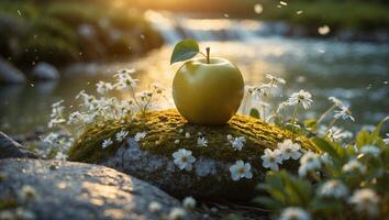 Golden Apple Still Life with Daisies on Mossy Stone Near River photo