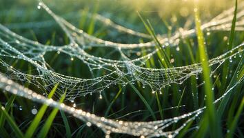 Spider web with dew drops on grass photo