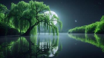 Willow Tree at Night by a Lake Under the Moonlight photo