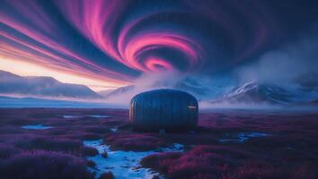 Capsule Home in Snowy Field with Aurora Sky photo