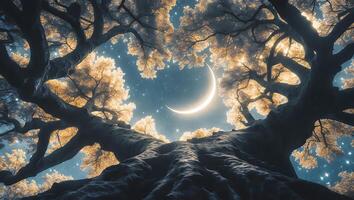 Tree and Crescent Moon Under a Starry Night Sky photo