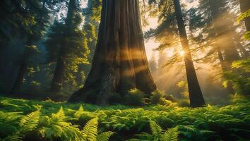 Giant Tree in Forest with Sunlight Streaming Through photo