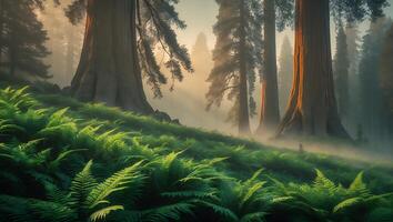 Giant Trees in Lush Green Forest with Sun Rays photo