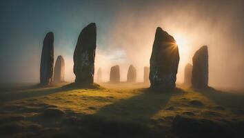 Standing Stone in Fog at Sunrise photo