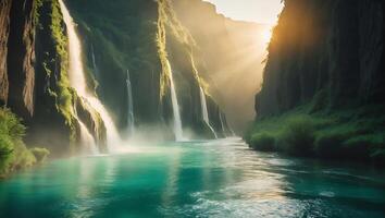 Turquoise River Waterfalls Landscape with Sunlight photo